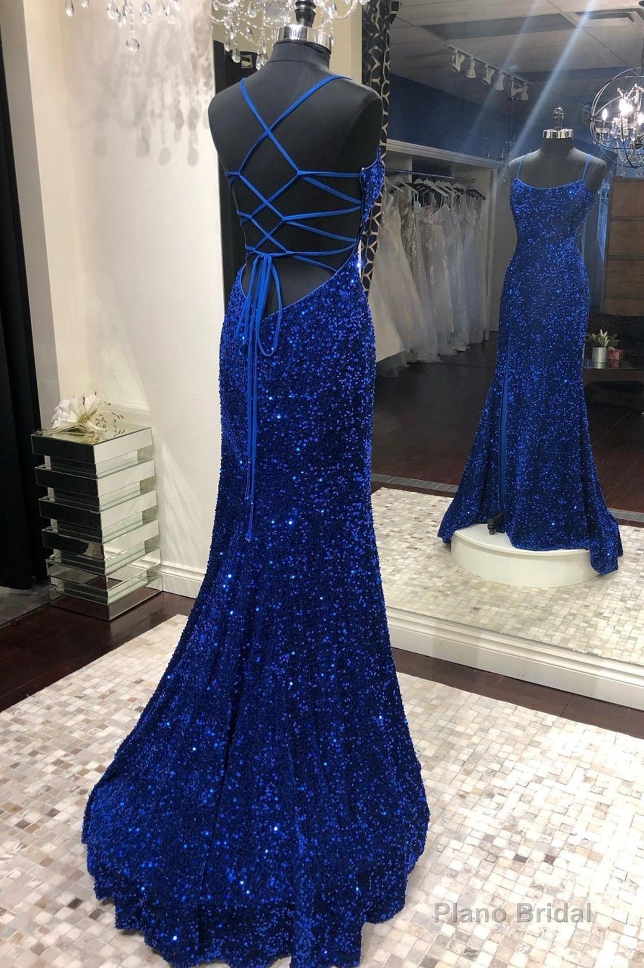 Mermaid Sequins Long Prom Dresses, Blue Backless Evening Dresses Main image