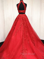 2 Pieces Pink Red Lace Formal Prom Dresses, Two Pieces Pink Red Tulle Lace Formal Evening Dresses