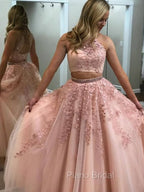 2 Pieces Pink Red Lace Formal Prom Dresses, Two Pieces Pink Red Tulle Lace Formal Evening Dresses