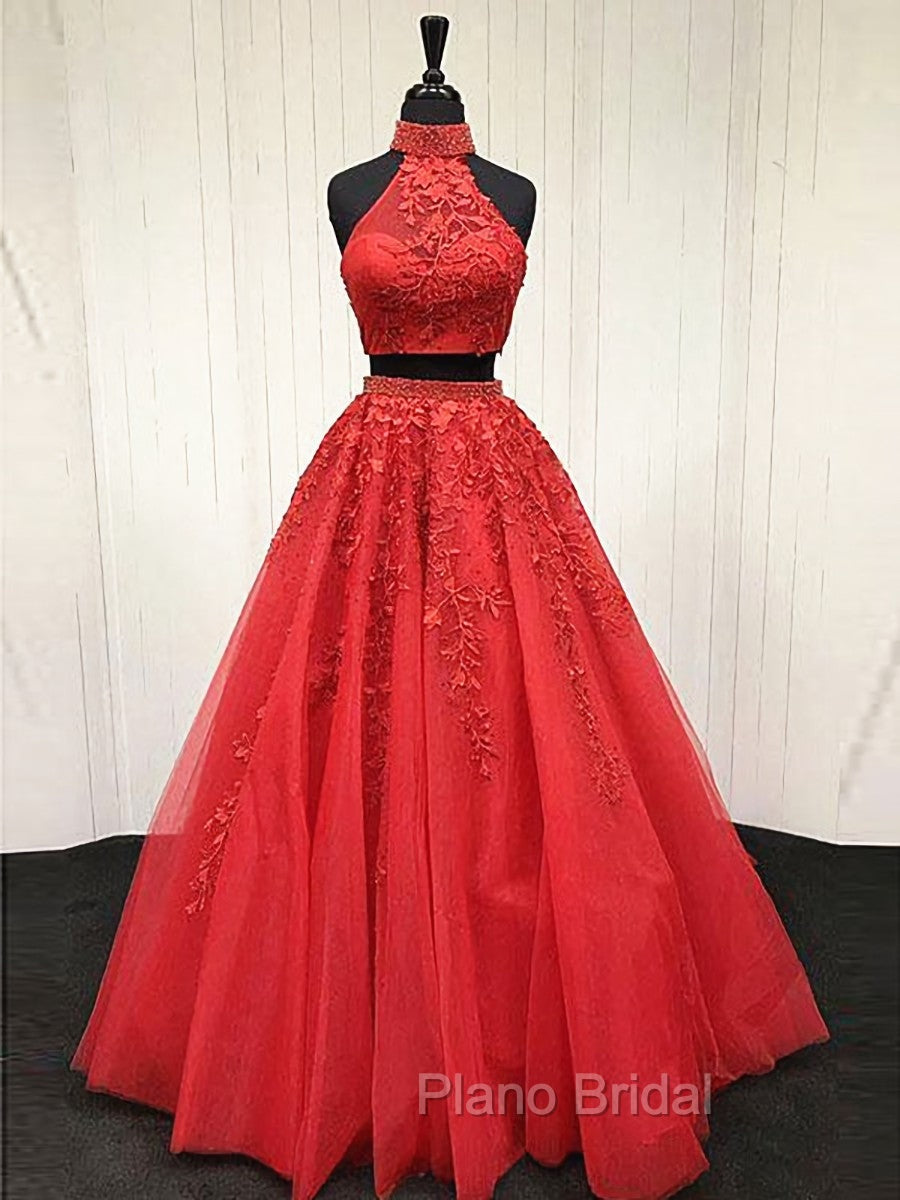 2 Pieces Pink Red Lace Formal Prom Dresses, Two Pieces Pink Red Tulle Lace Formal Evening Dresses