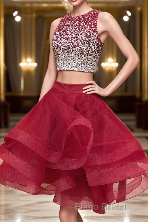 2 Pieces Short Burgundy Formal Prom Dresses, Two Pieces Short Wine Red Beaded Graduation Homecoming Dresses Main image