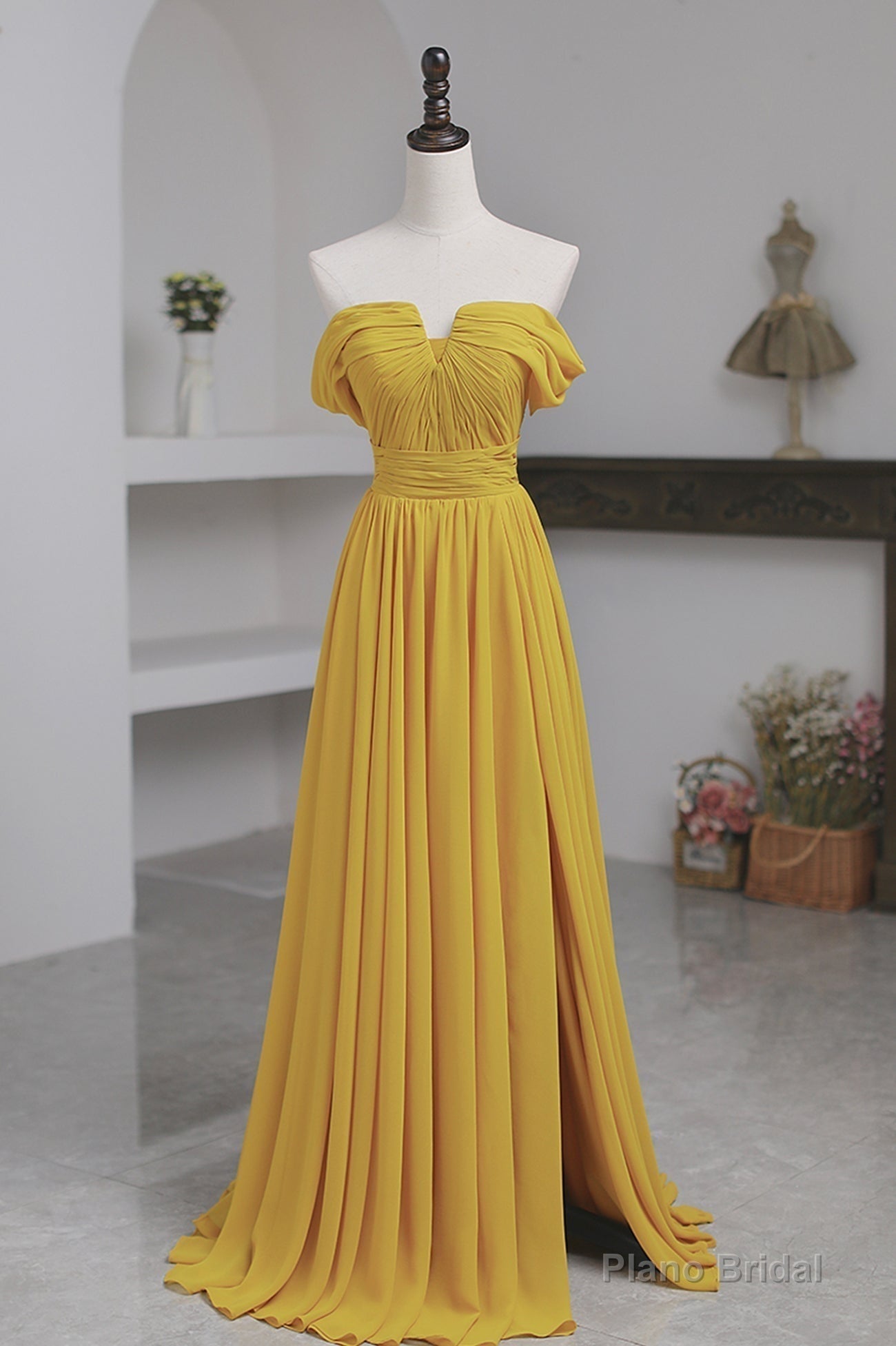 Yellow Chiffon Long Prom Dress, A-Line Off the Shoulder Evening Dress Main image