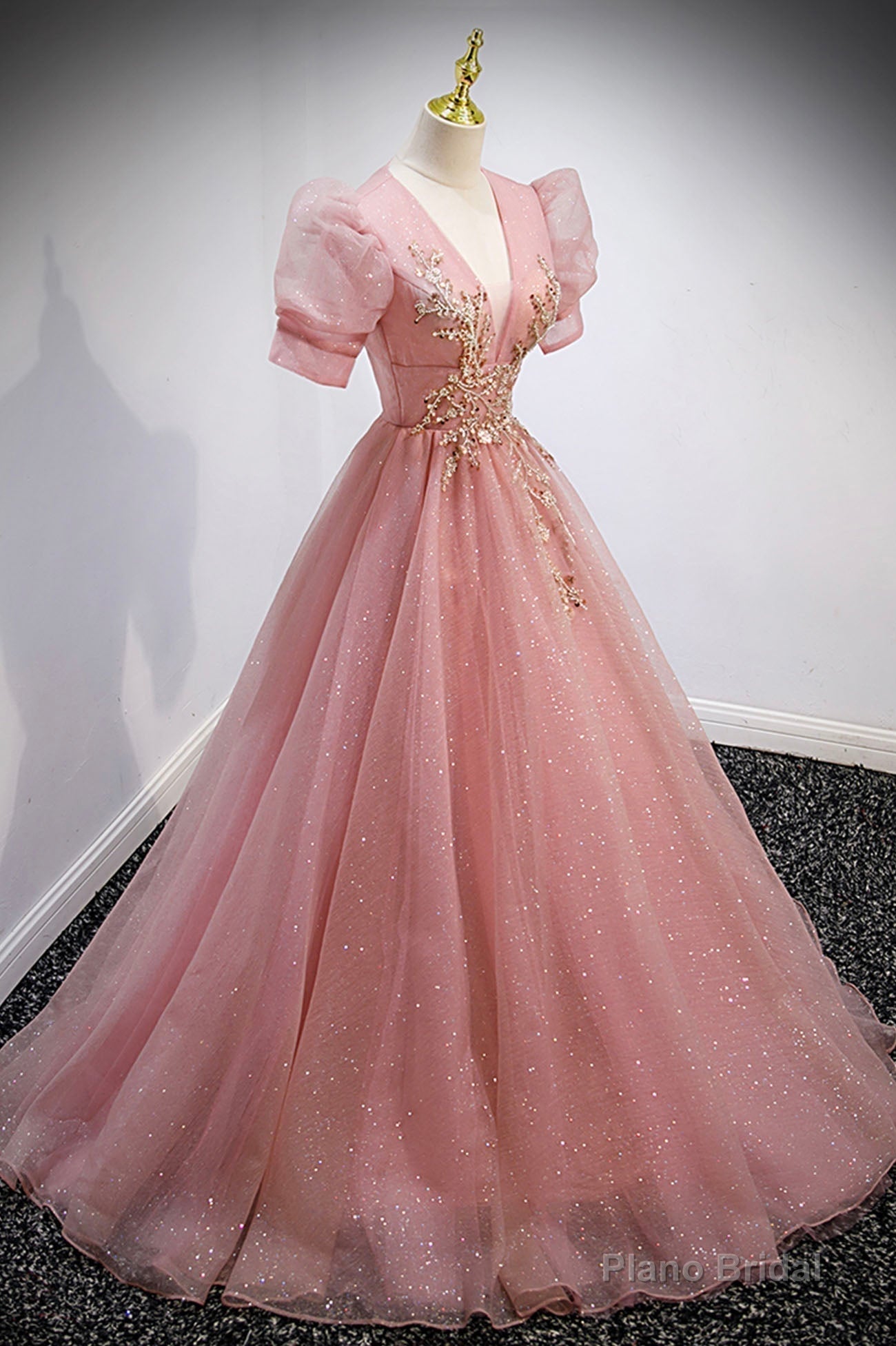 Pink V-Neck Tulle Long Prom Dresses, A-Line Short Sleeve Evening Dresses Secondary image