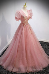 Pink V-Neck Tulle Long Prom Dresses, A-Line Short Sleeve Evening Dresses