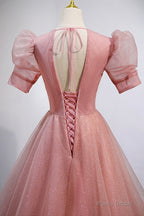 Pink V-Neck Tulle Long Prom Dresses, A-Line Short Sleeve Evening Dresses