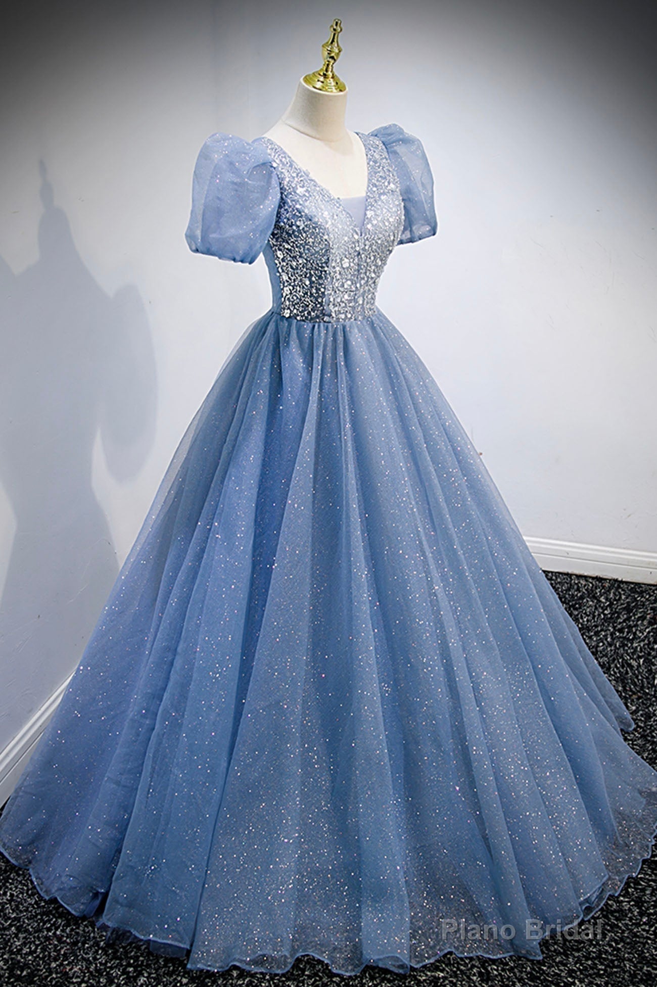 Blue V-Neck Tulle Beading Long Prom Dresses, Blue Short Sleeve Evening Dresses Main image