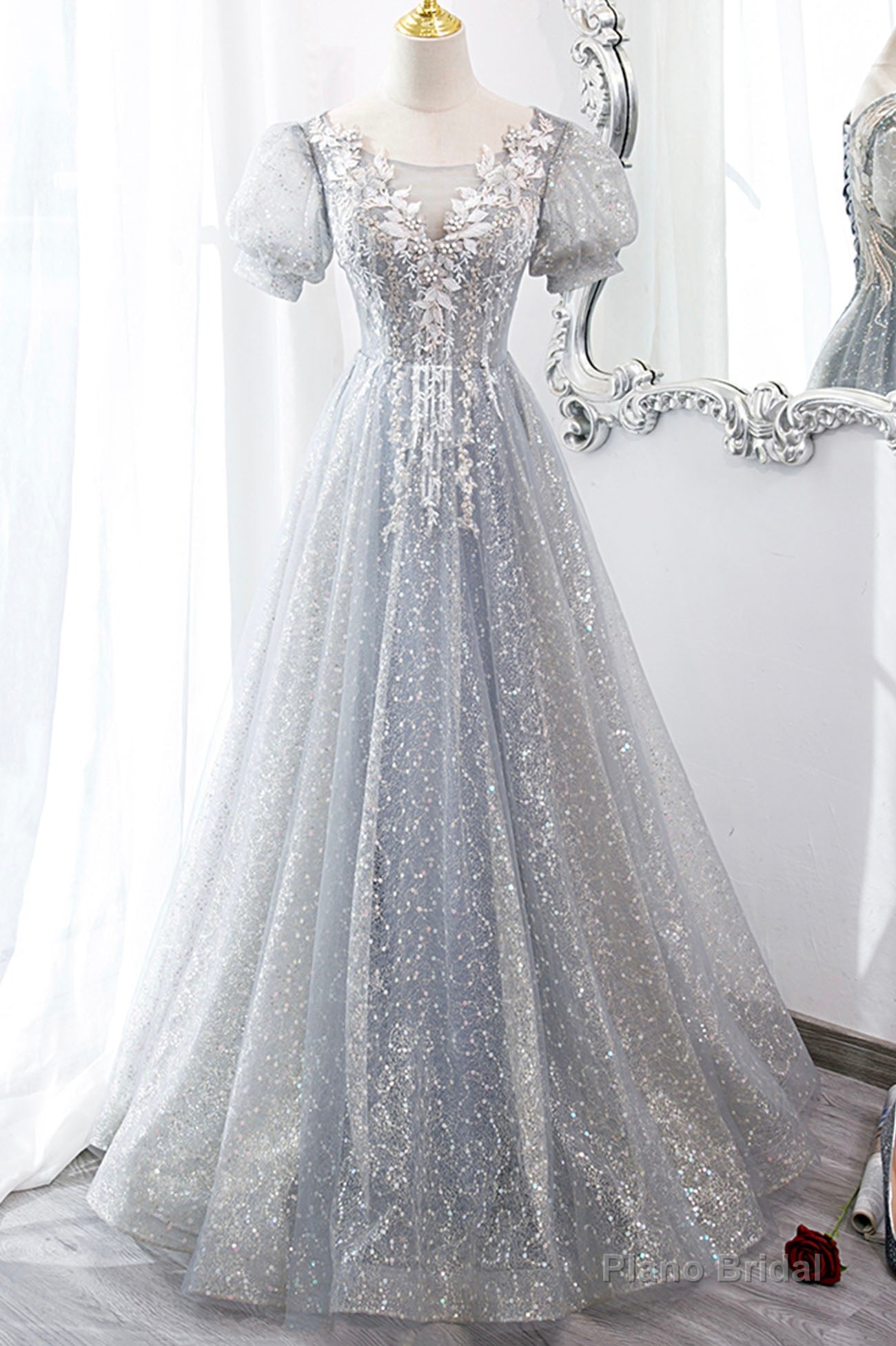 Gray Tulle Lace Long Party Dress, A-Line Evening Dress Main image