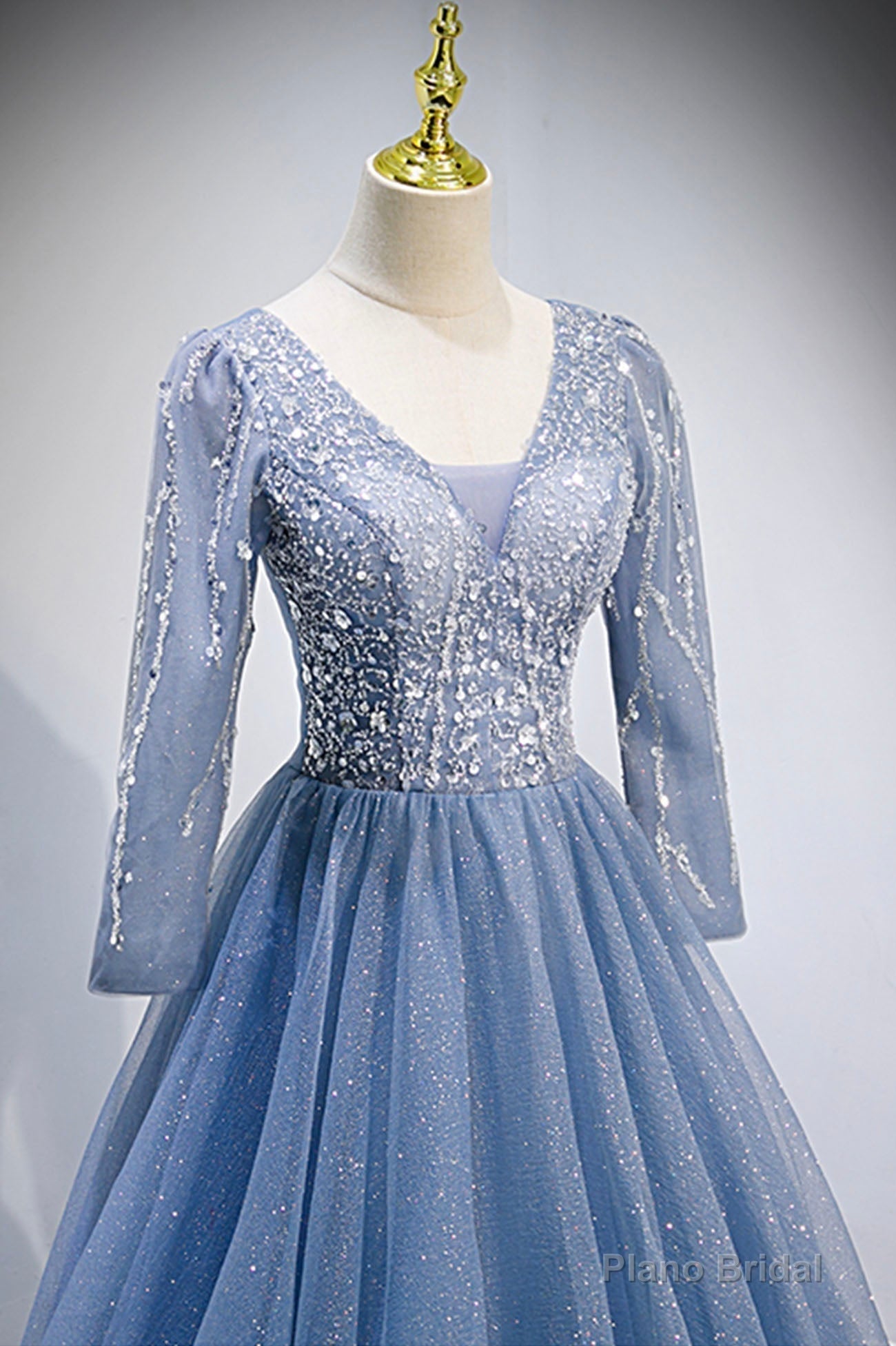 Blue V-Neck Tulle Beading Long Prom Dresses, Long Sleeve Evening Dresses Secondary image