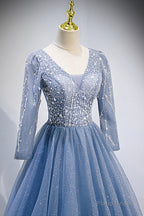 Blue V-Neck Tulle Beading Long Prom Dresses, Long Sleeve Evening Dresses