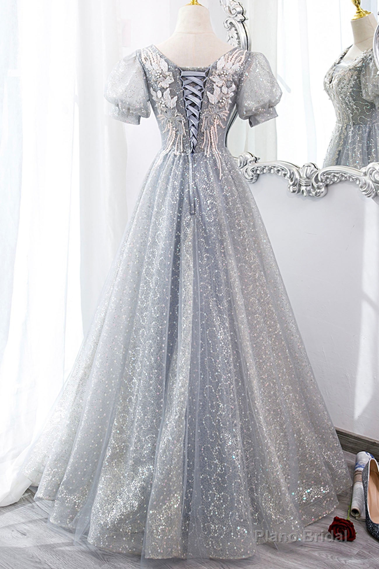 Gray Tulle Lace Long Party Dress, A-Line Evening Dress