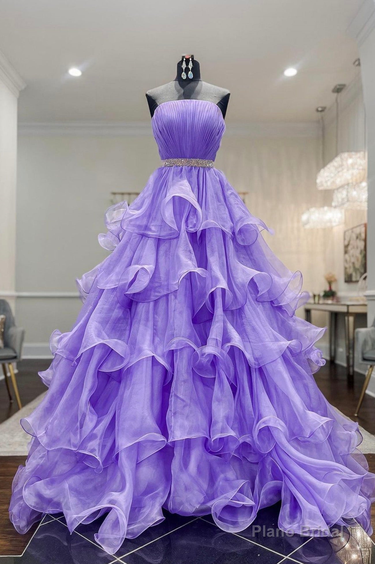Purple Strapless Organza Long Prom Dress, Princess Quinceanera Dresses Main image