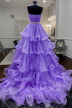 Purple Strapless Organza Long Prom Dress, Princess Quinceanera Dresses