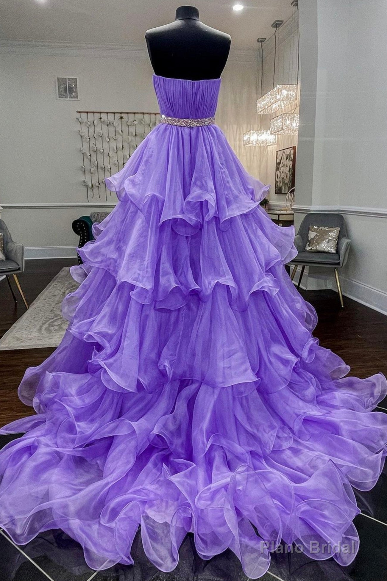 Purple Strapless Organza Long Prom Dress, Princess Quinceanera Dresses Secondary image