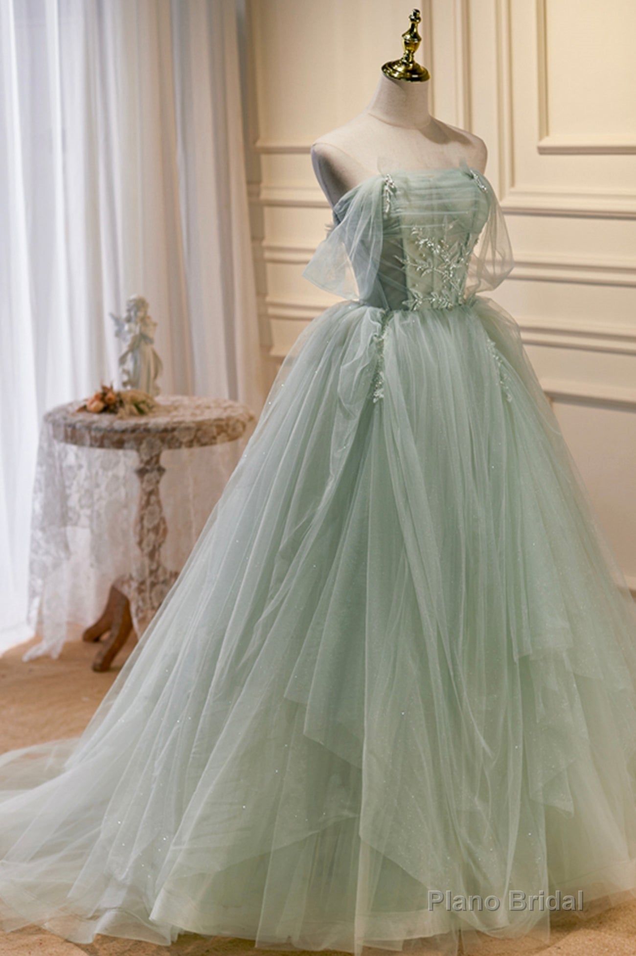 Green Tulle Beaded Ball Gown Off Shoulder Party Dress, Green Sweet 16 Dress Secondary image