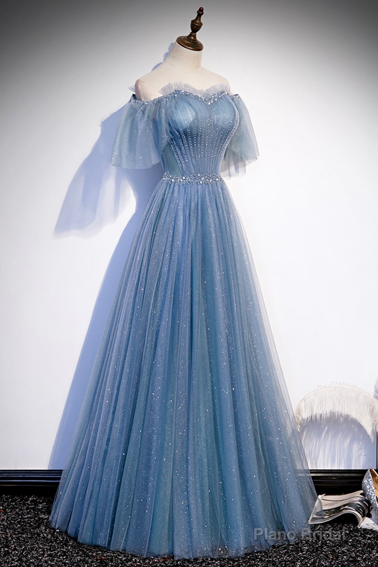 Blue Tulle Beading Long Prom Dresses, A-Line Evening Party Dresses Main image