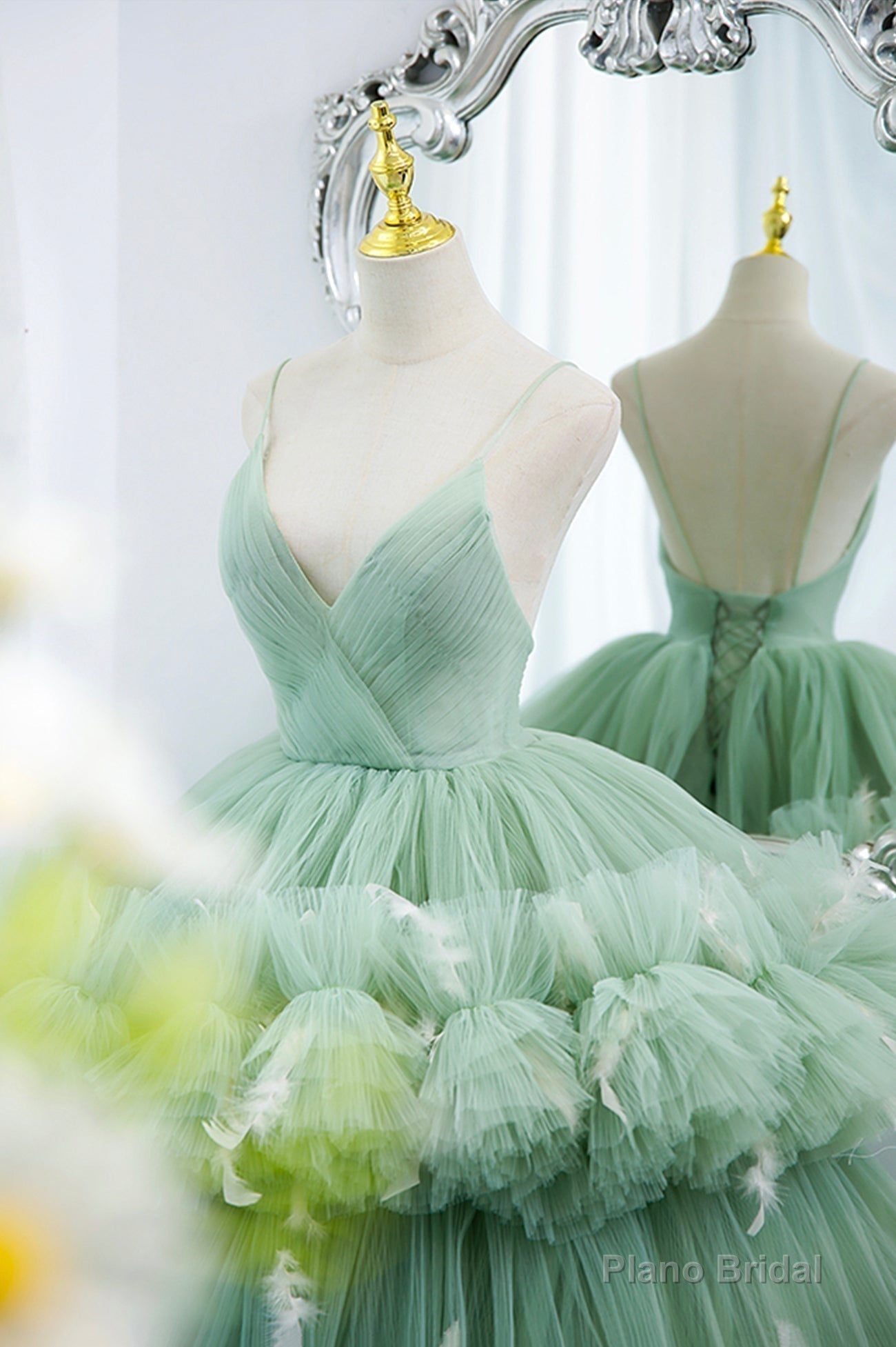 Green V-Neck Layers Tulle Long Ball Gown, A-Line Formal Gown Main image