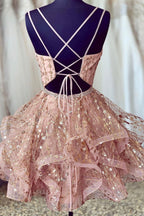 Pink V-Neck Tulle Short Prom Dresses, A-Line Mini Party Dresses