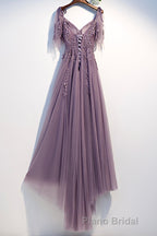 Purple Tulle Lace Long Formal Prom Dresses, A-Line Evening Party Dresses