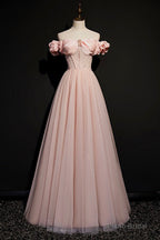 Pink Tulle Off the Shoulder Prom Dress, Beautiful A-Line Evening Dress