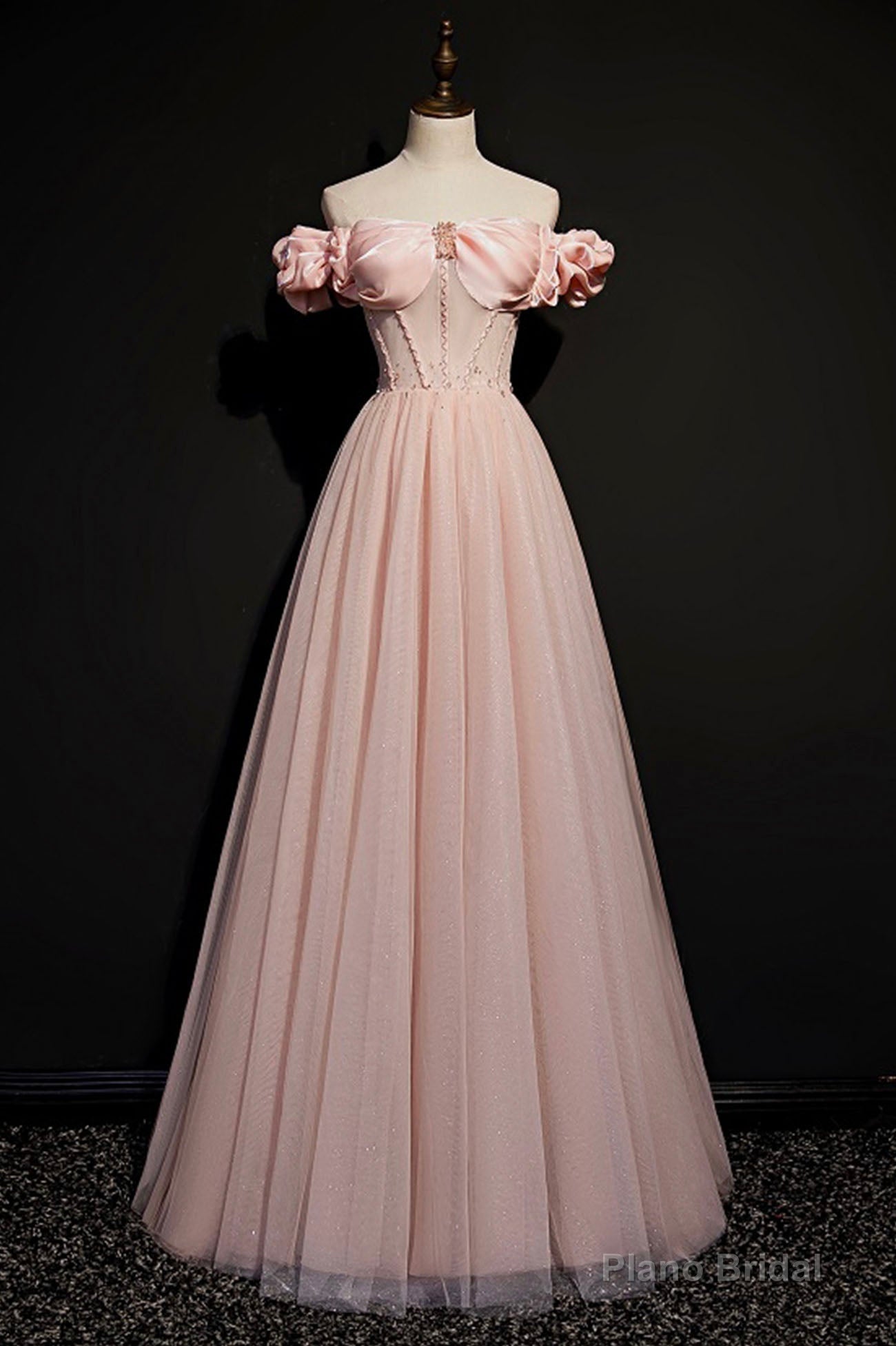 Pink Tulle Off the Shoulder Prom Dress, Beautiful A-Line Evening Dress