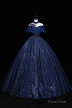 Blue Tulle Sequins Long Ball Gown, Elegant A-Line Formal Gown