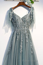 Purple Tulle Lace Long Formal Prom Dresses, A-Line Evening Party Dresses