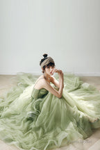 Green Tulle Long A-Line Evening Dress, Green Spaghetti Straps Prom Dress