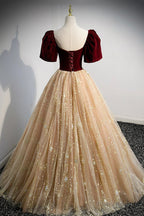 Cute Velvet Tulle Long Prom Dress, A-Line Evening Dress