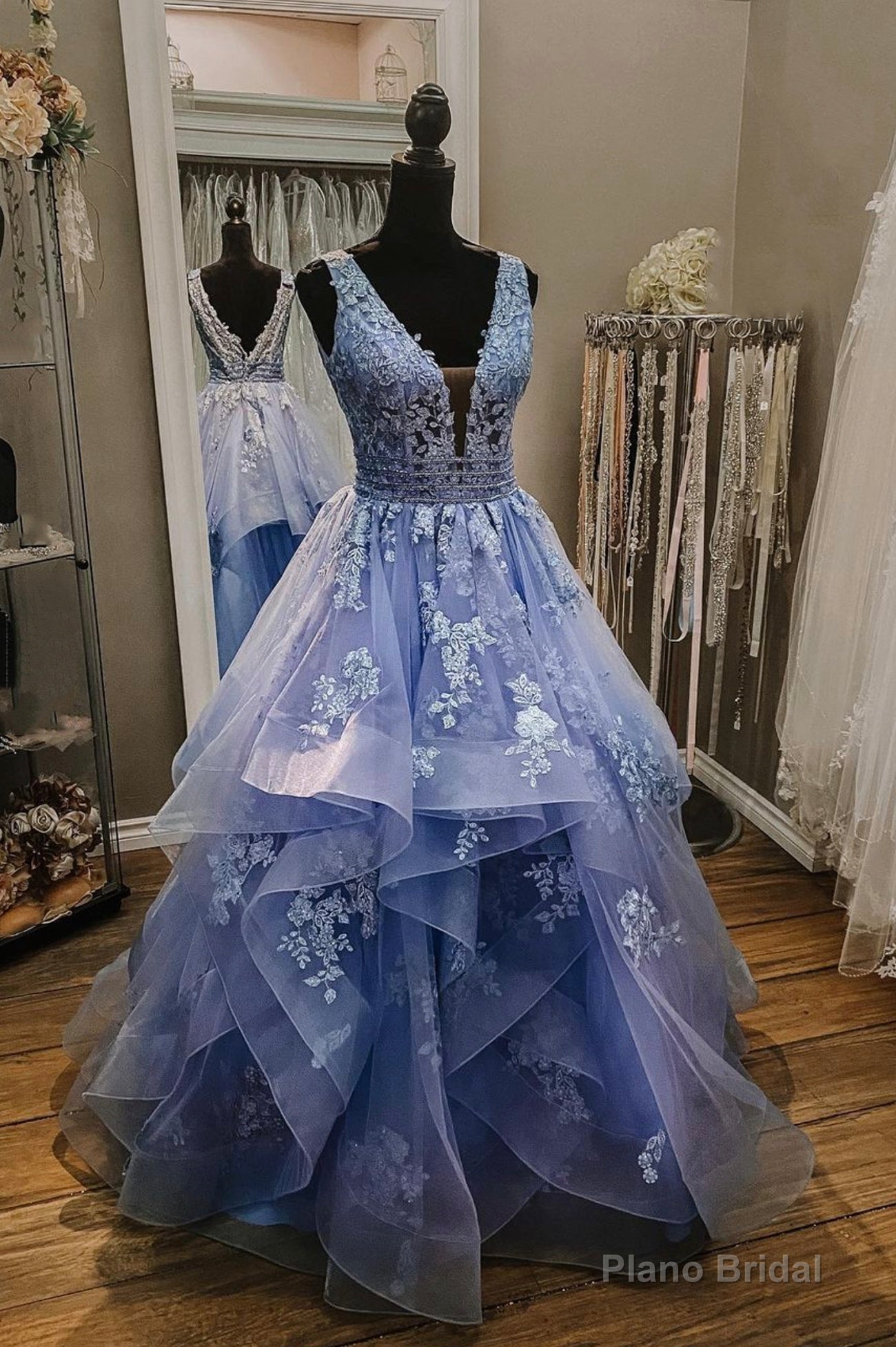 Blue V-Neck Tulle Lace Long Prom Dresses, A-Line Evening Dresses Main image