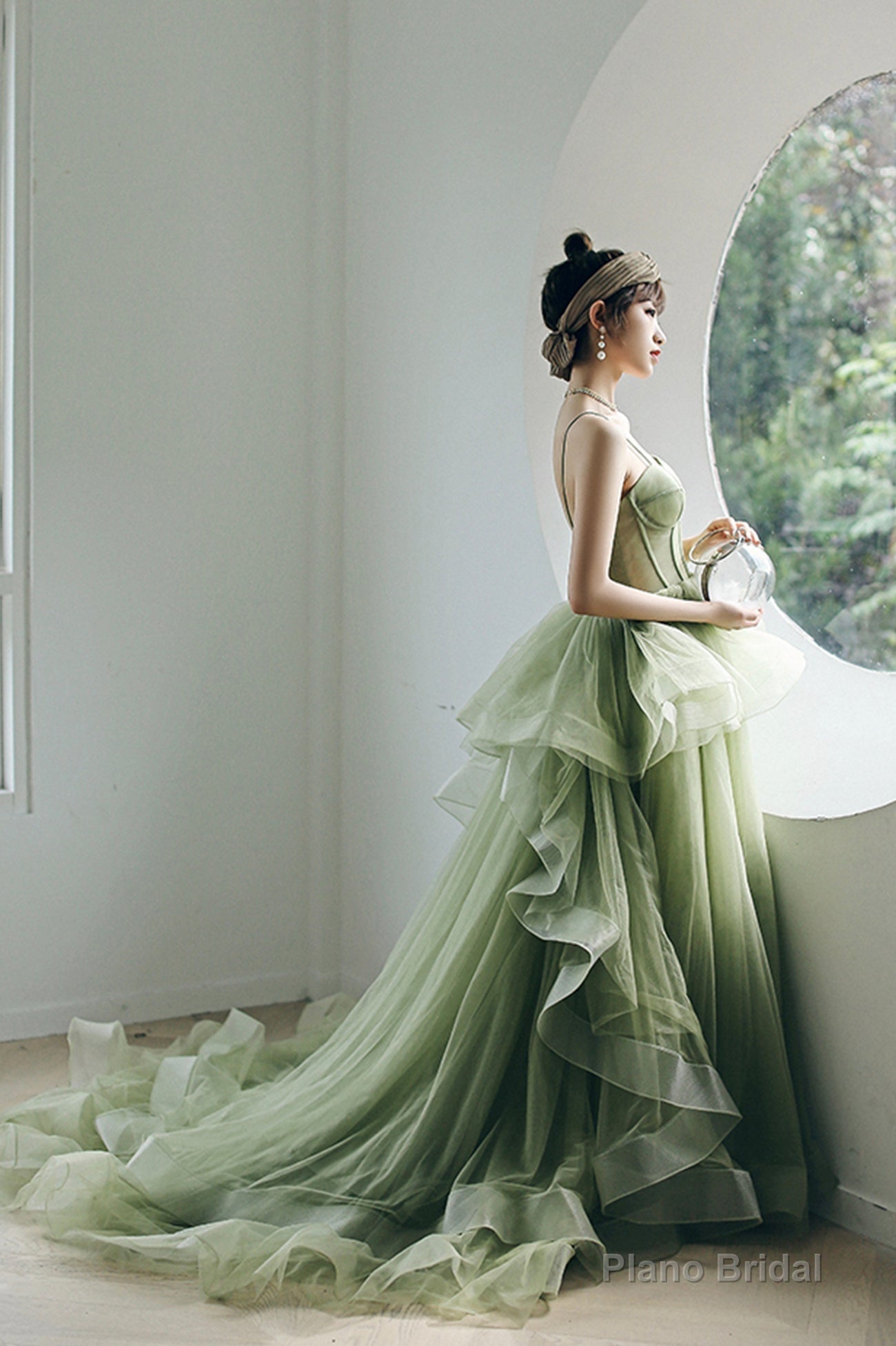 Green Tulle Long A-Line Evening Dress, Green Spaghetti Straps Prom Dress Secondary image