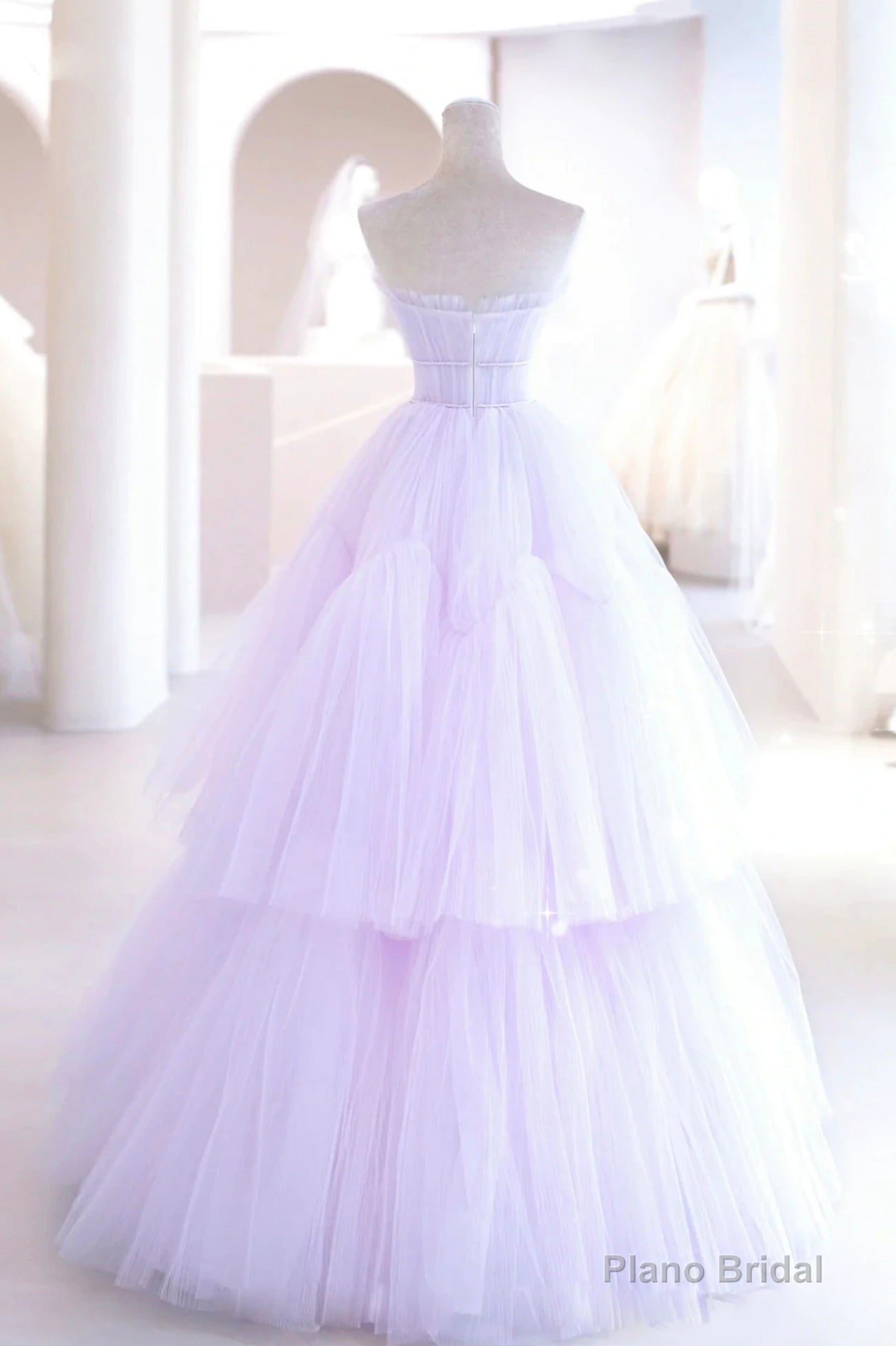 Purple Strapless Tulle Long Formal Gown, Purple A-Line Evening Dress Secondary image