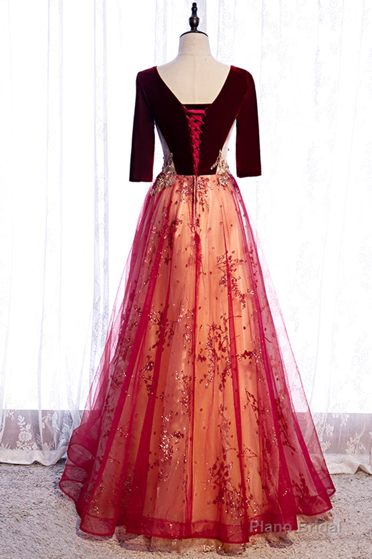 Burgundy Velvet Tulle Long Prom Dresses, Burgundy 1/2 Sleeve Evening Dresses Main image
