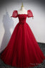 Red Beaded Tulle A-Line Long Formal Dress, Red Prom Dress
