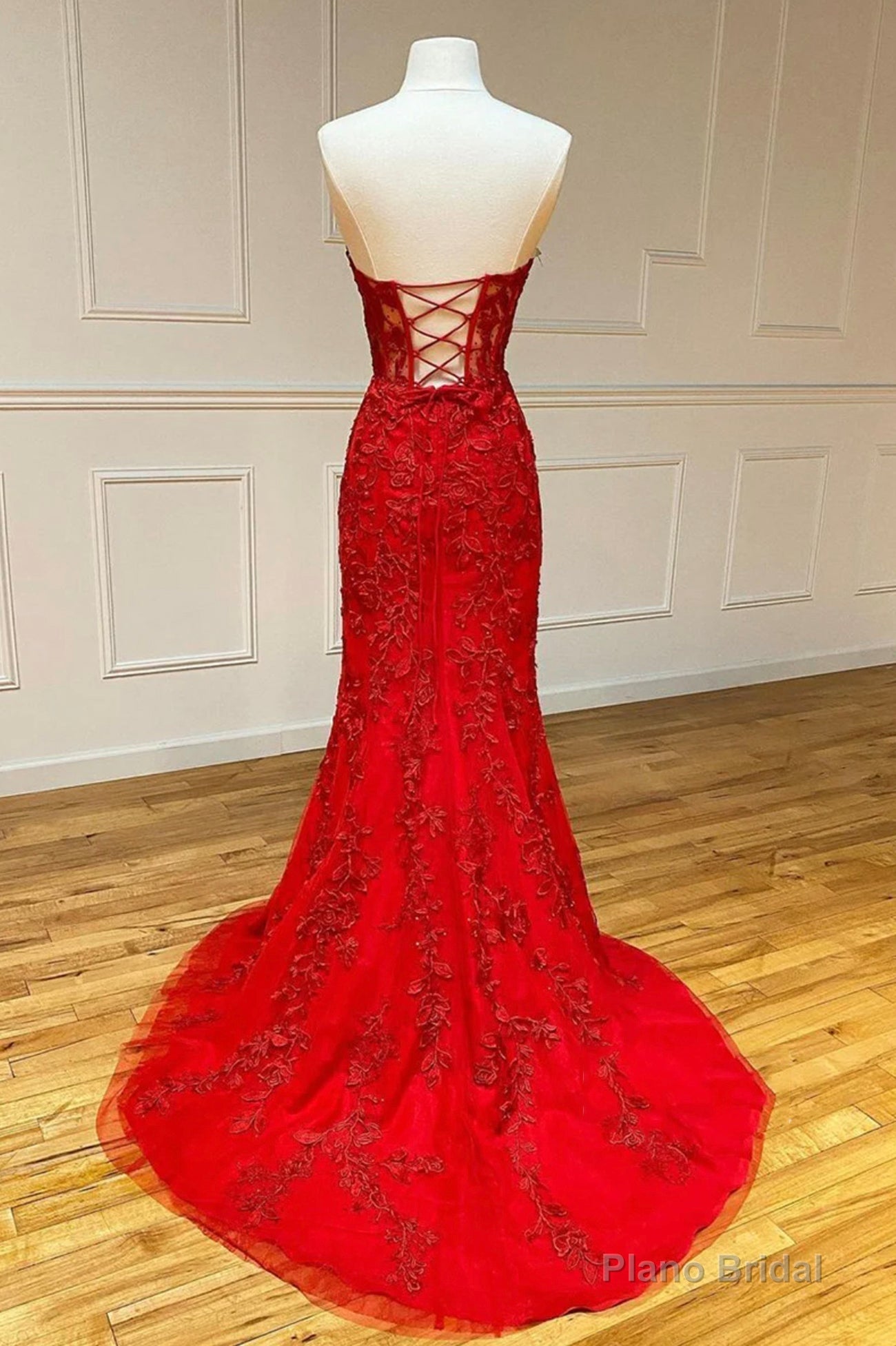 Red Strapless Lace Long Prom Dress, Mermaid Evening Dress Secondary image