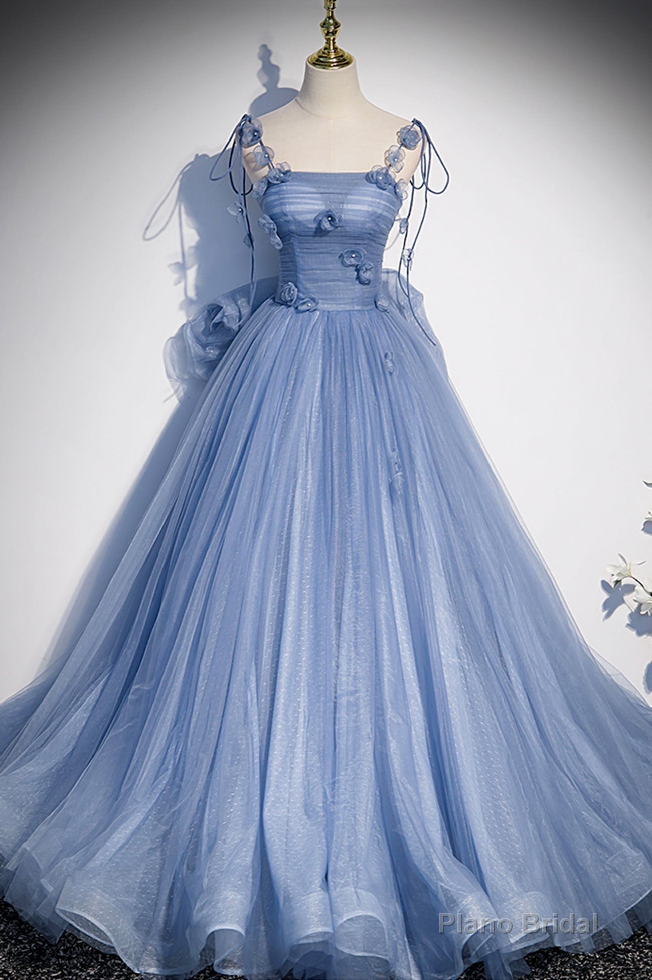 Blue Spaghetti Strap Tulle Long Dress, Blue Evening Dress with Bow Main image