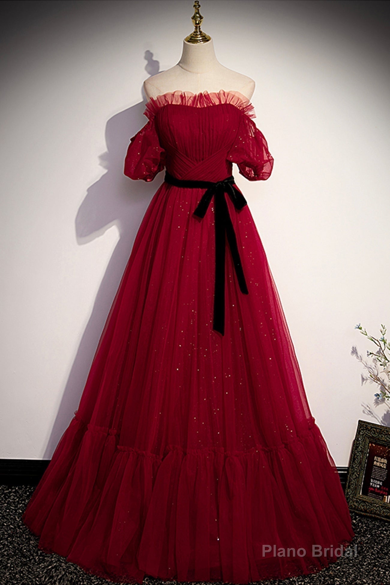 Burgundy Tulle Long Prom Dresses, A-Line Evening Dresses Main image