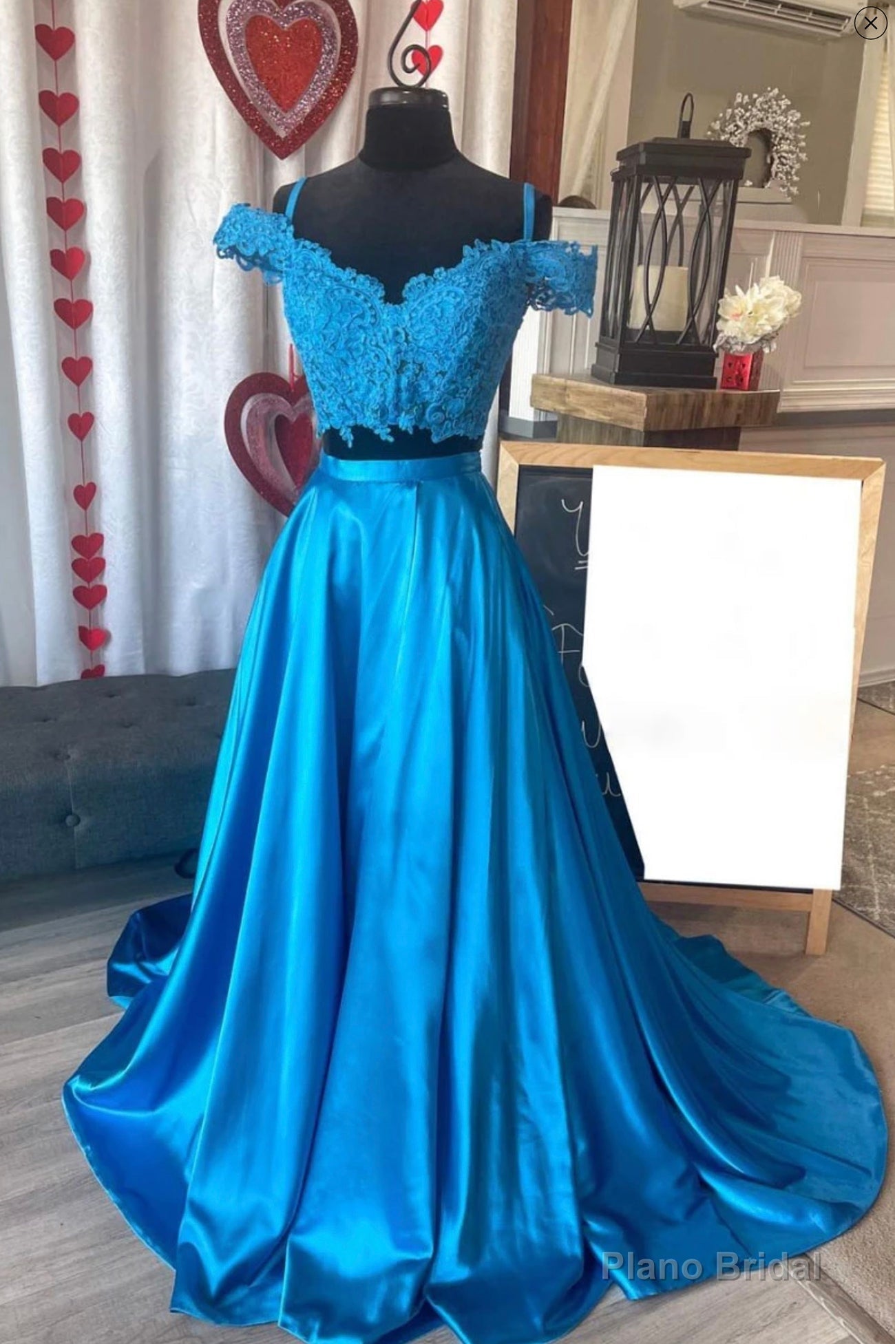 Blue Satin Off the Shoulder Long Prom Dresses, Two Pieces Evening Dresses Main image