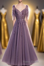 Purple Tulle Lace Long Formal Prom Dresses, A-Line Evening Party Dresses