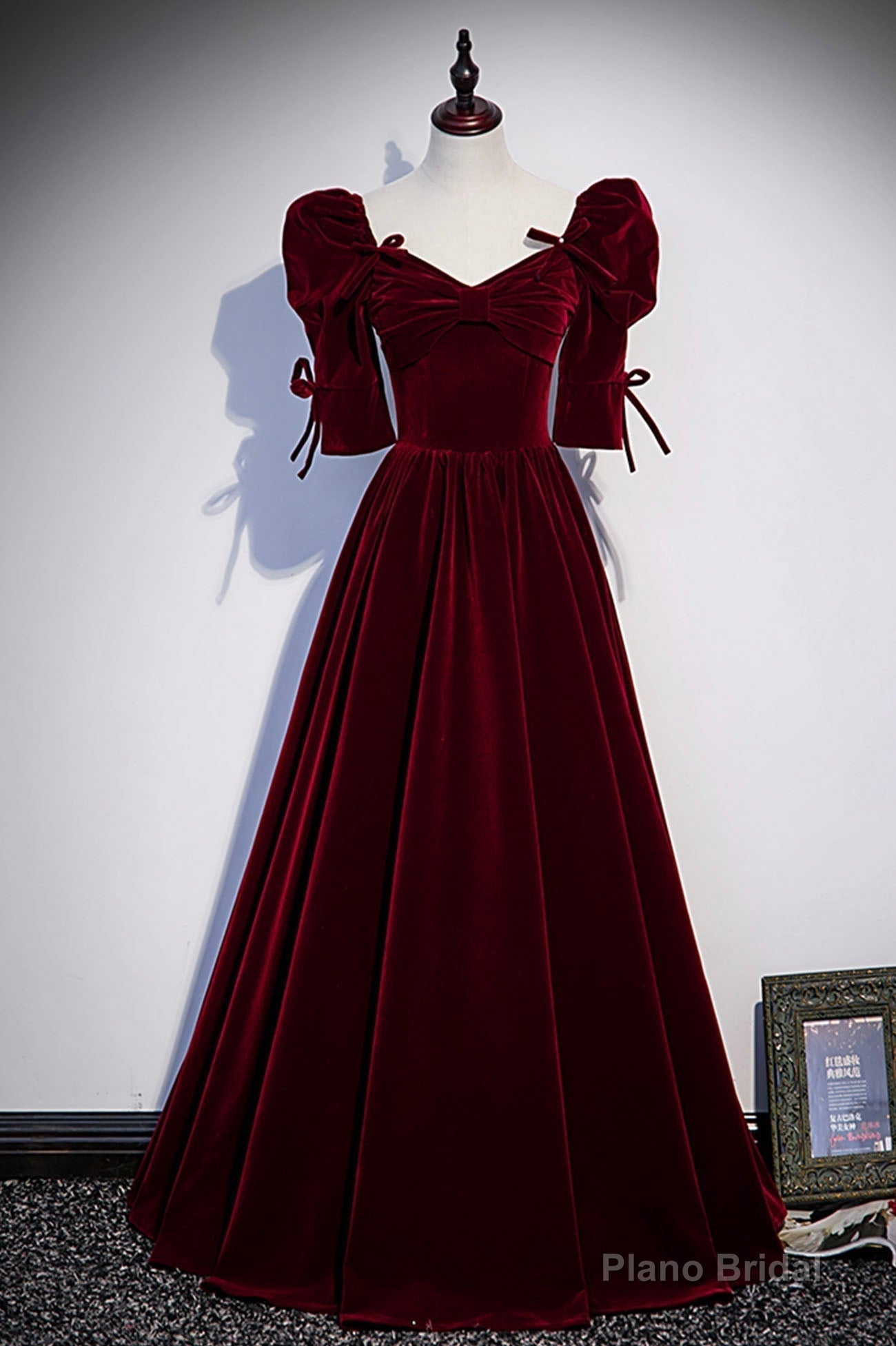 Burgundy Velvet Long Prom Dresses, A-Line Short Sleeve Evening Dresses Main image