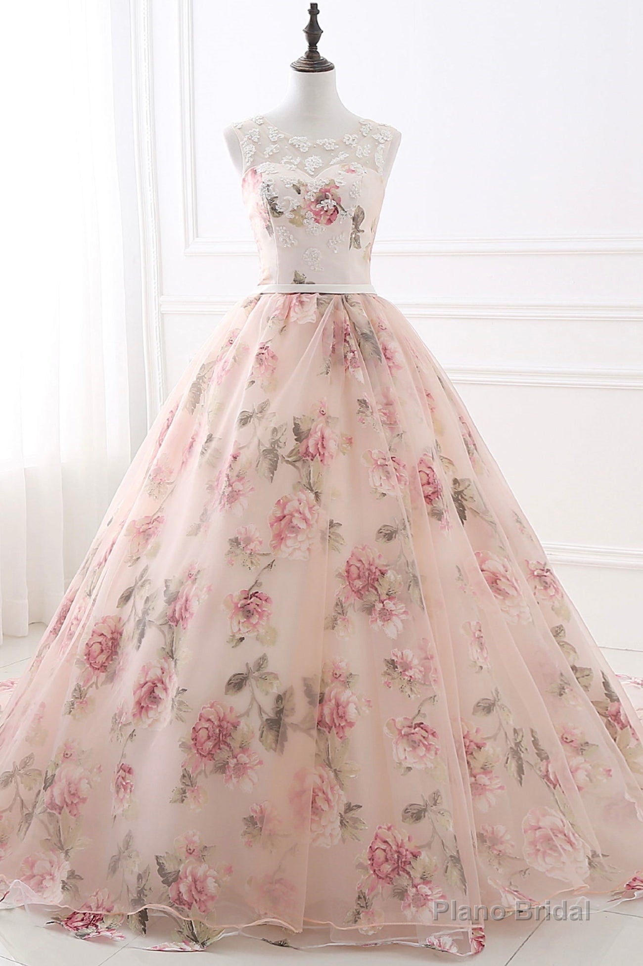 Pink Floral Pattern Lace Long Prom Dress, A-Line Formal Dress Main image