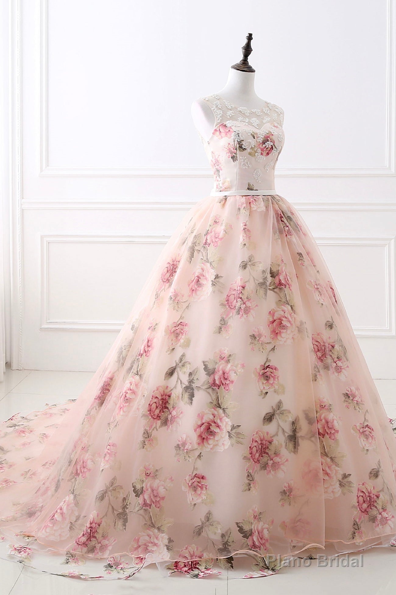 Pink Floral Pattern Lace Long Prom Dress, A-Line Formal Dress Secondary image