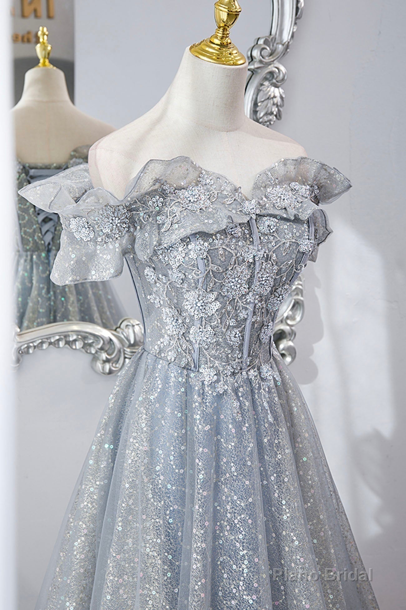 Gray Tulle Lace Long Prom Dresses, A-Line Sequins Evening Dresses