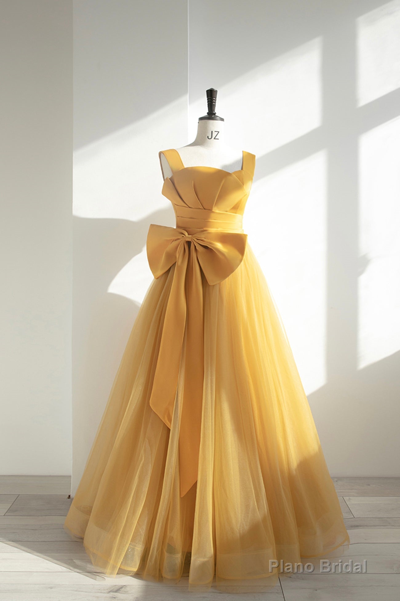 Yellow Satin Tulle Long Prom Dress, A-Line Evening Dress with Bow Secondary image