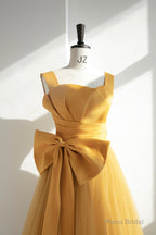 Yellow Satin Tulle Long Prom Dress, A-Line Evening Dress with Bow