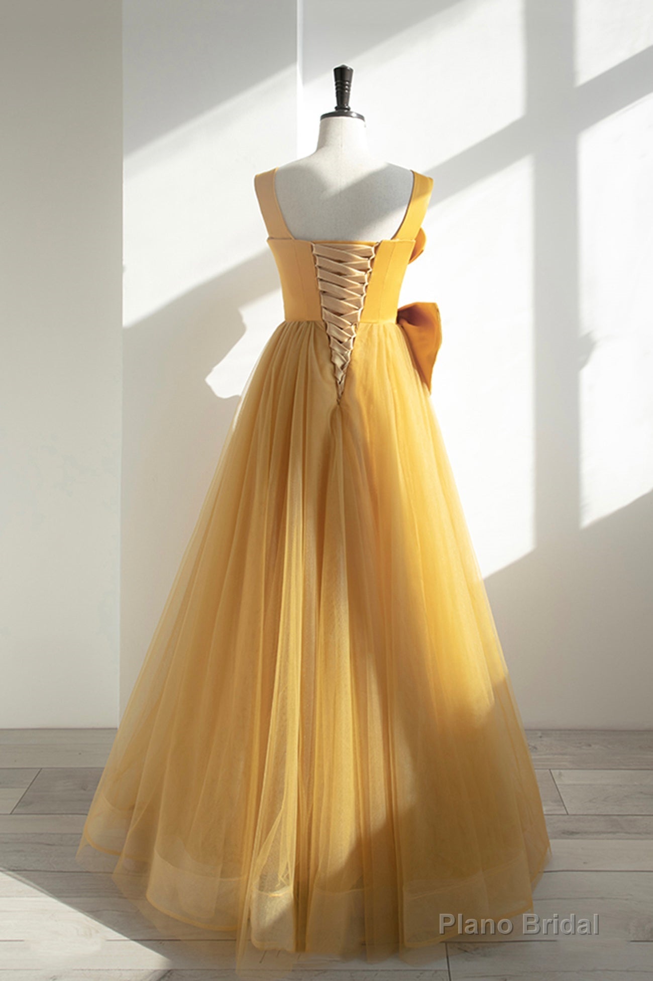 Yellow Satin Tulle Long Prom Dress, A-Line Evening Dress with Bow