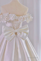 White Satin Long Ball Gown, A-Line Flower Wedding Gown with Bow