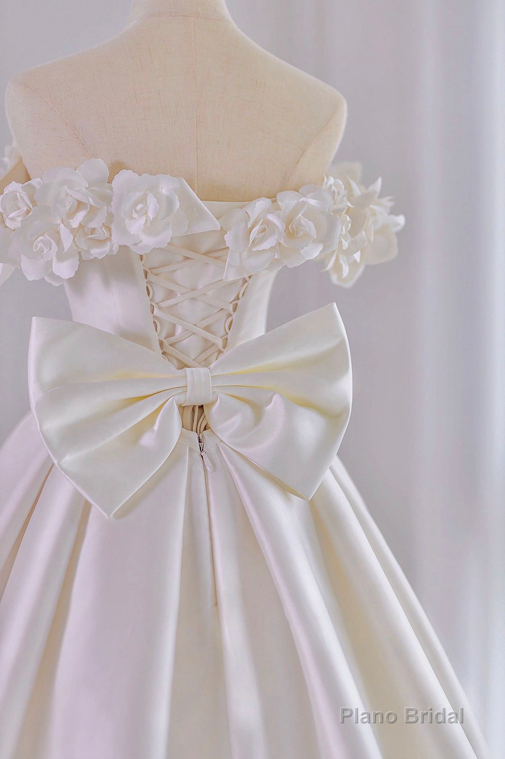 White Satin Long Ball Gown, A-Line Flower Wedding Gown with Bow