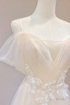 Champagne Tulle Long Prom Dress, Lovely Lace Formal Evening Dress