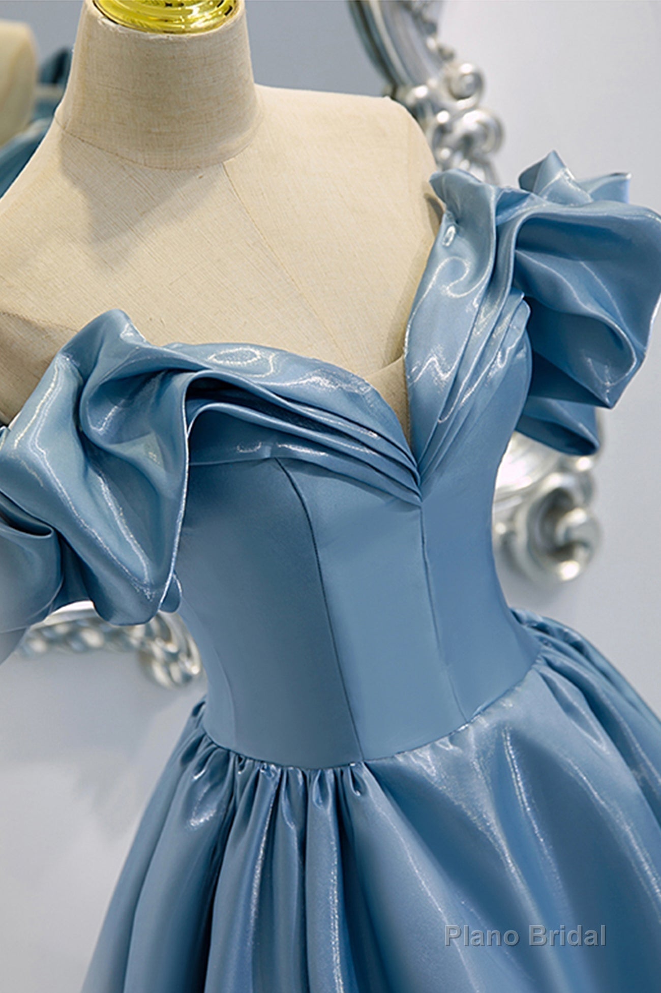 Blue V-Neck Satin Long Prom Dress, Off the Shoulder Evening Dress Secondary image
