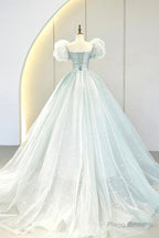 Lovely Puff Sleeve Tulle Formal Evening Gown, A-Line Long Prom Dress